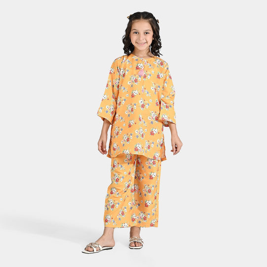 Girls Poly Lawn Printed 2 Pcs Vintage Floral-Yellow