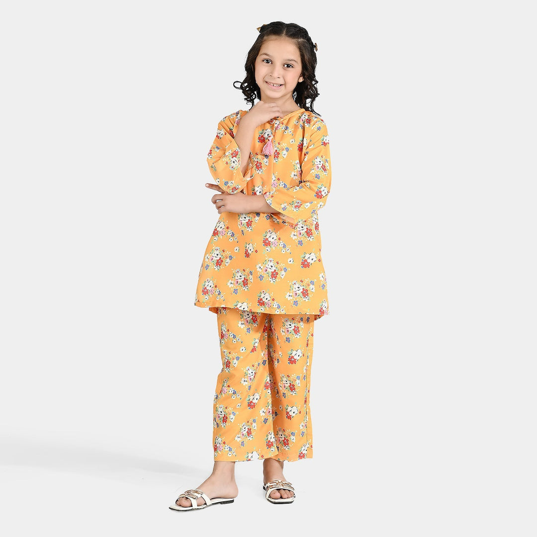 Girls Poly Lawn Printed 2 Pcs Vintage Floral-Yellow