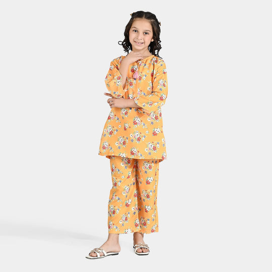 Girls Poly Lawn Printed 2 Pcs Vintage Floral-Yellow