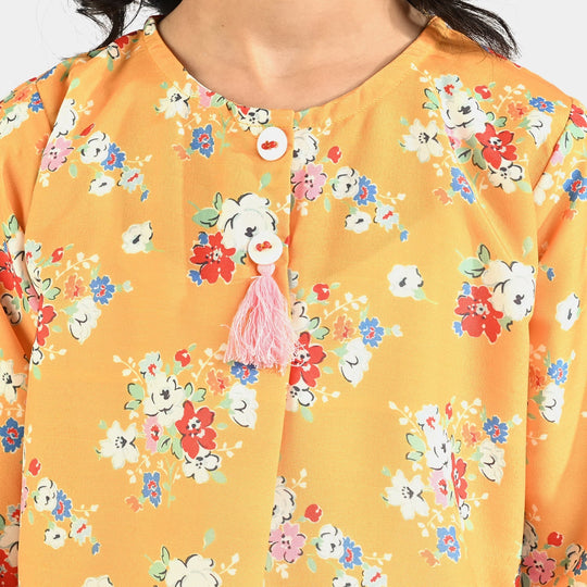 Girls Poly Lawn Printed 2 Pcs Vintage Floral-Yellow