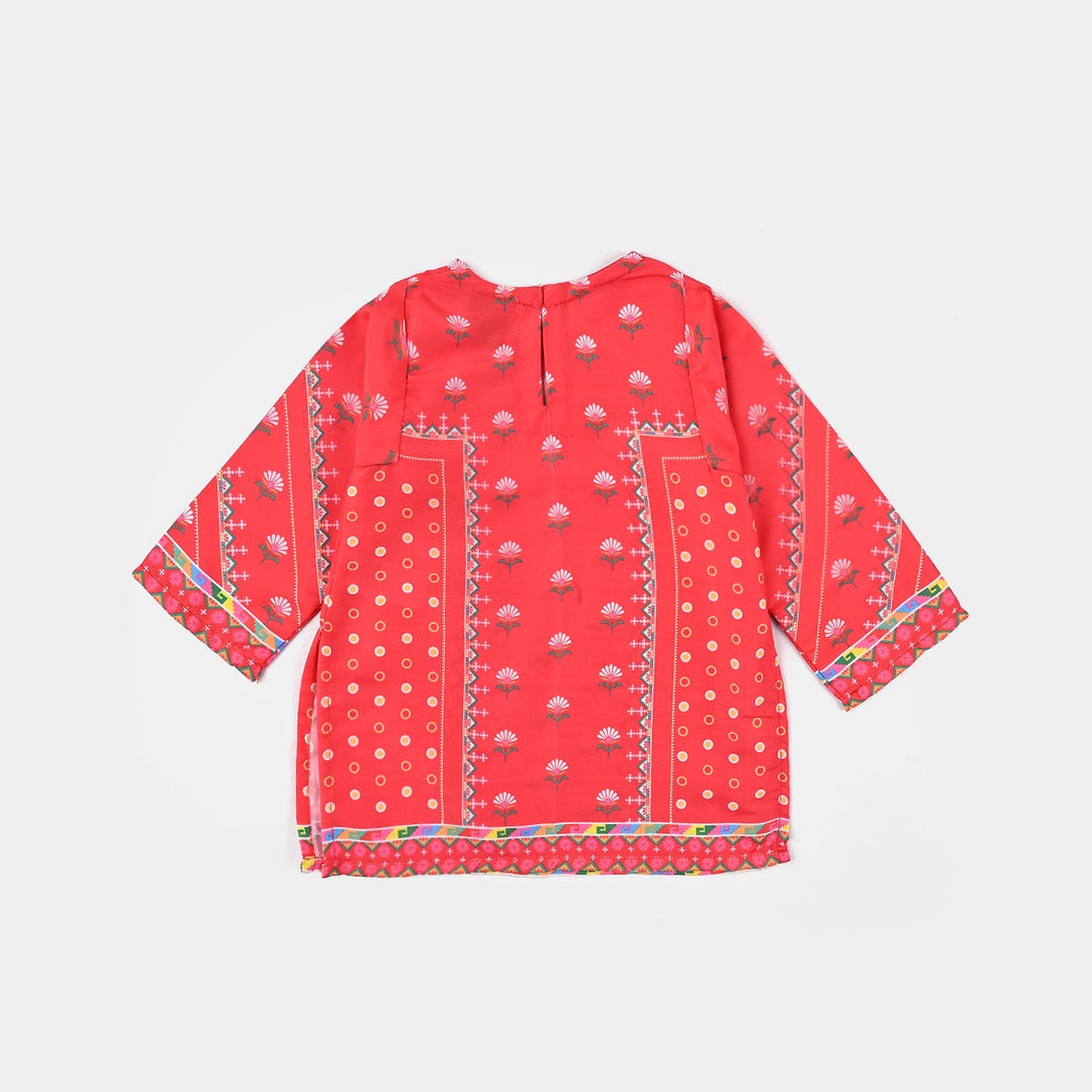 Girls Poly Lawn Printed Kurti Red Flowers-Red