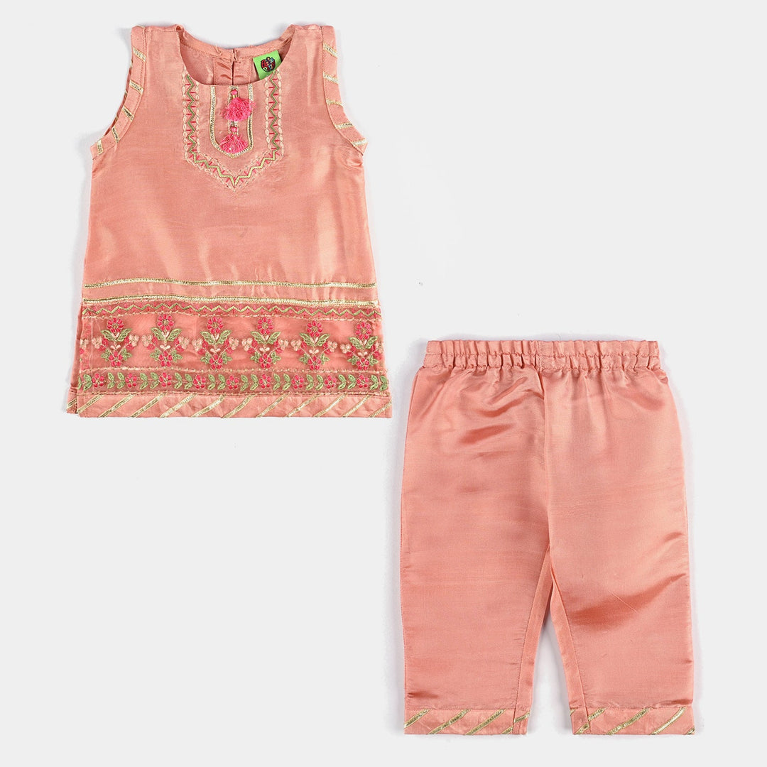 Infant Girls Raw Silk 2 Pcs Little Princess-Peach