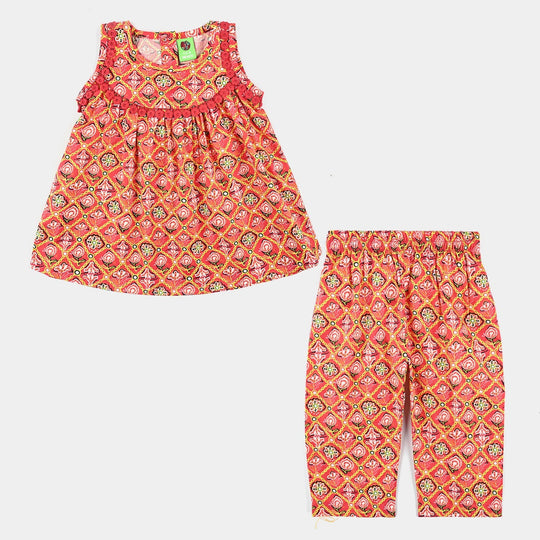 Infant Girls Cotton Poplin Printed 2 Pcs Surkh Phool-Multi