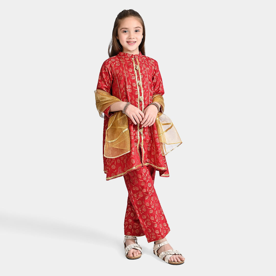 Girls Jacquard 3 Pcs Suit Gulistaan-Red