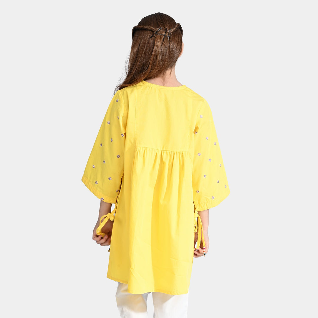 Girls Cotton Poplin Emb Long Kurti Moor-Yellow