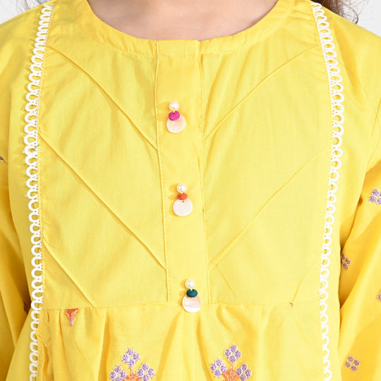 Girls Cotton Poplin Emb Long Kurti Moor-Yellow