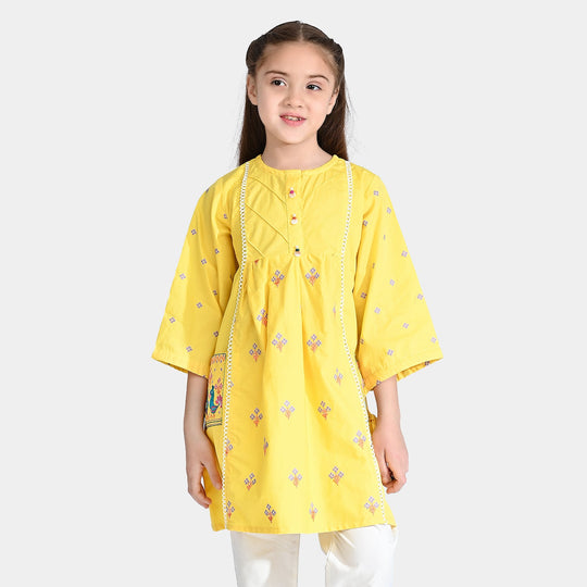 Girls Cotton Poplin Emb Long Kurti Moor-Yellow