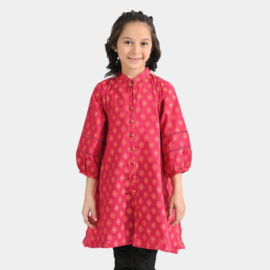 Girls Jacquard Kurti Phool-Magenta