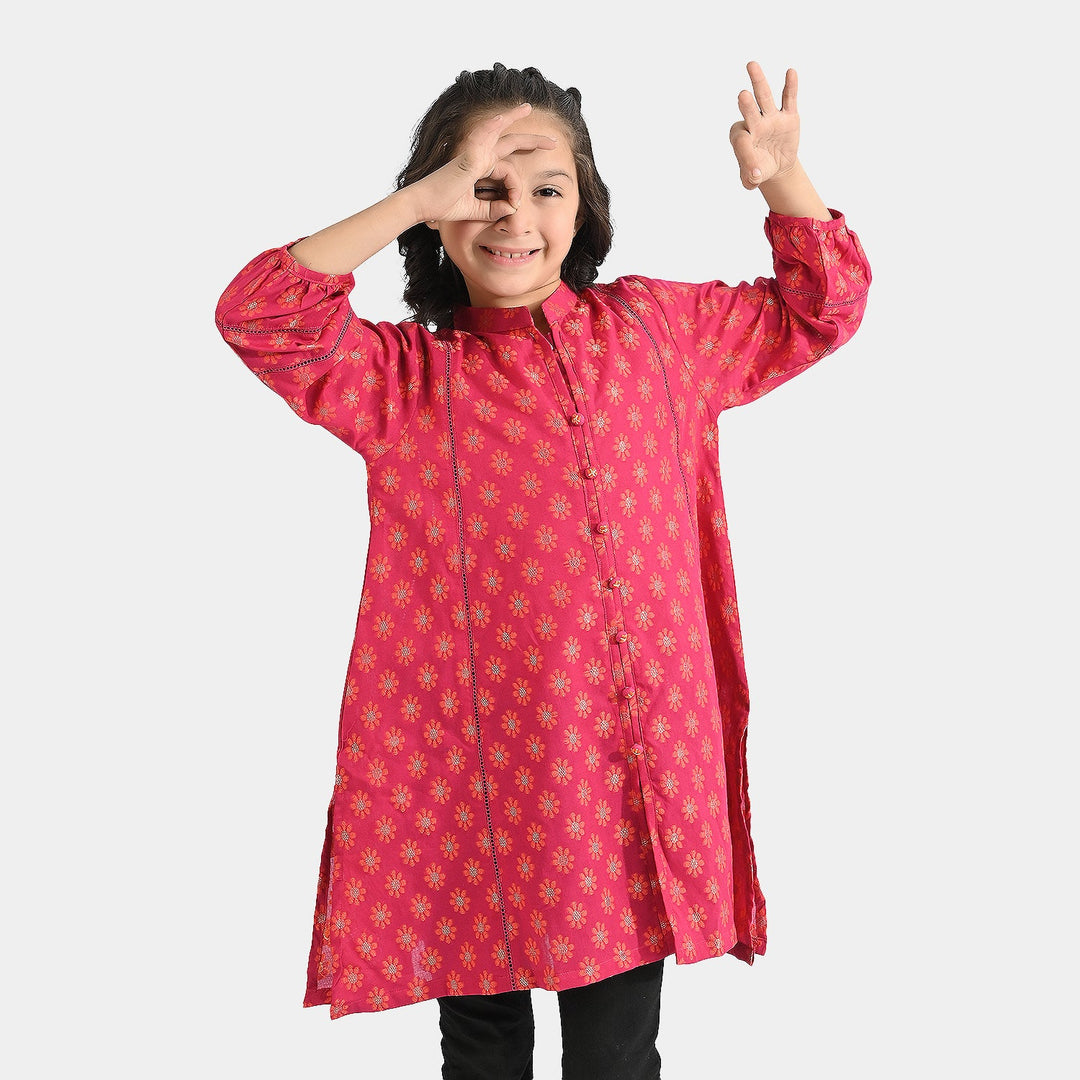 Girls Jacquard Kurti Phool-Magenta