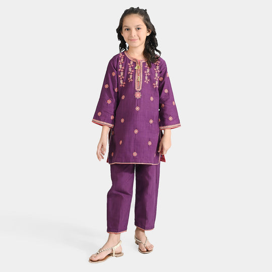 Girls Cotton Slub EMB 2 Pcs Bano-Purple