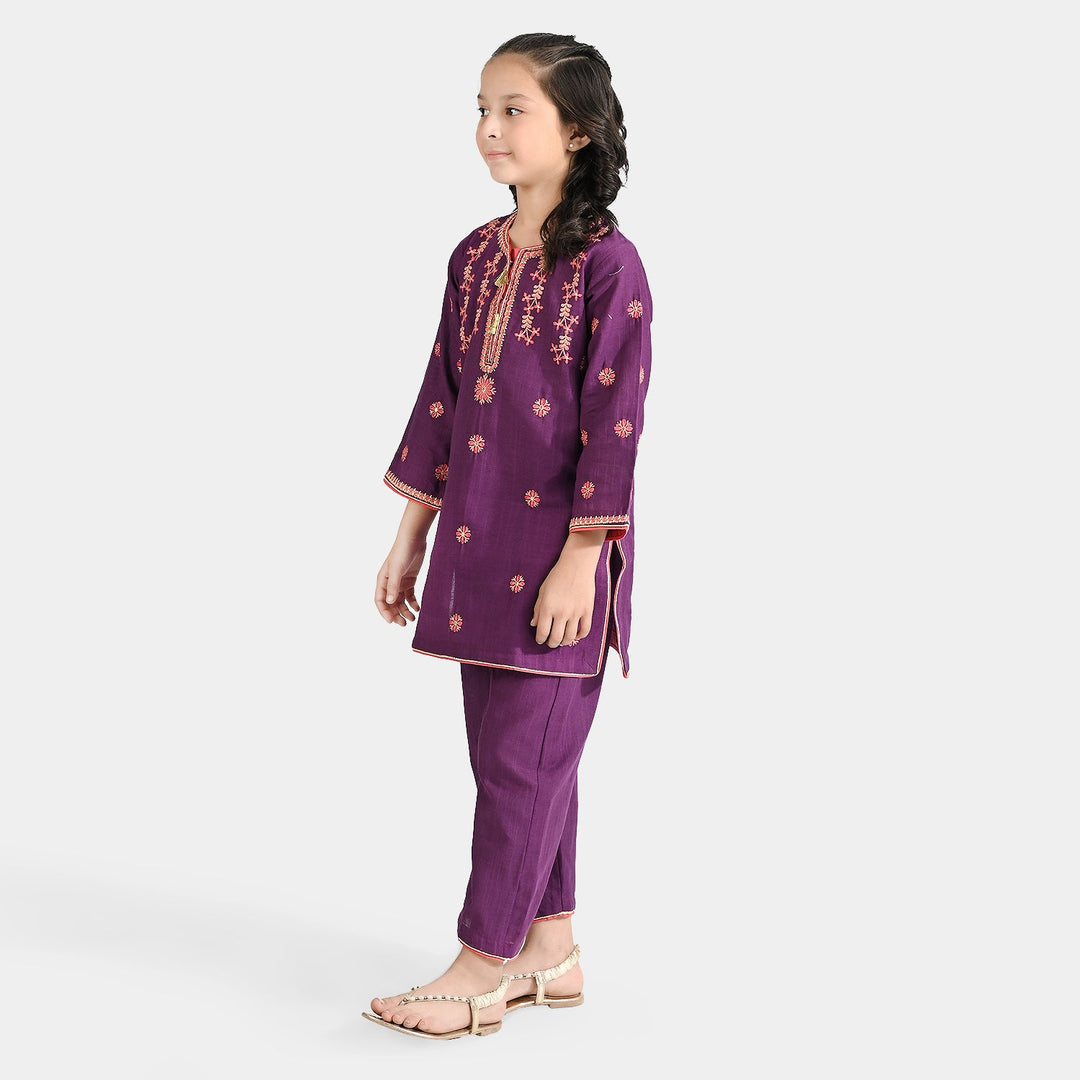 Girls Cotton Slub EMB 2 Pcs Bano-Purple