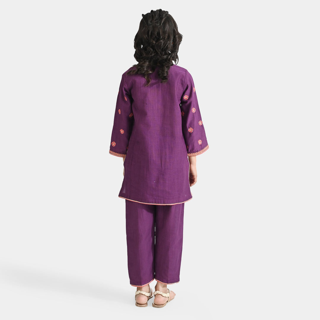 Girls Cotton Slub EMB 2 Pcs Bano-Purple