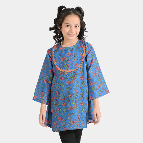 Girls Poly Lawn Printed Kurti Rangoli-Blue