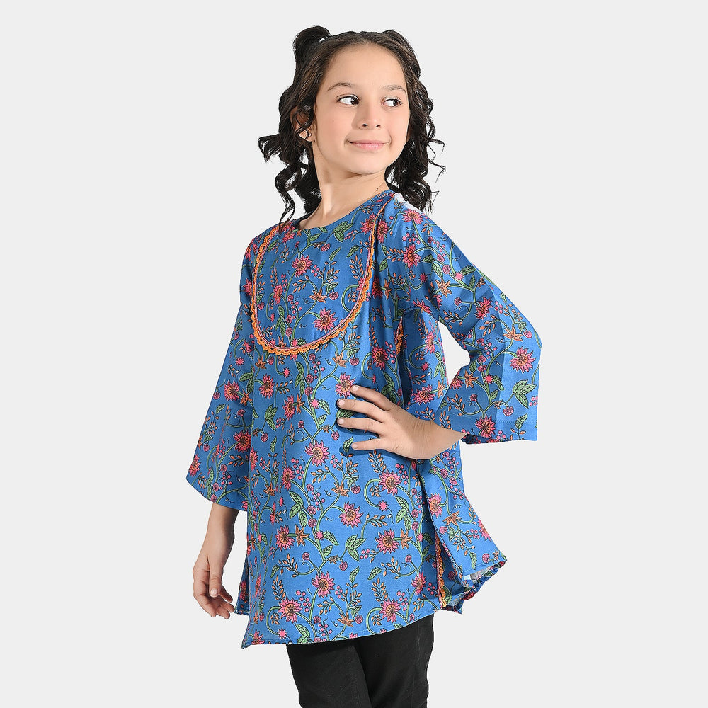 Girls Poly Lawn Printed Kurti Rangoli-Blue