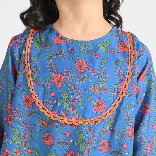 Girls Poly Lawn Printed Kurti Rangoli-Blue