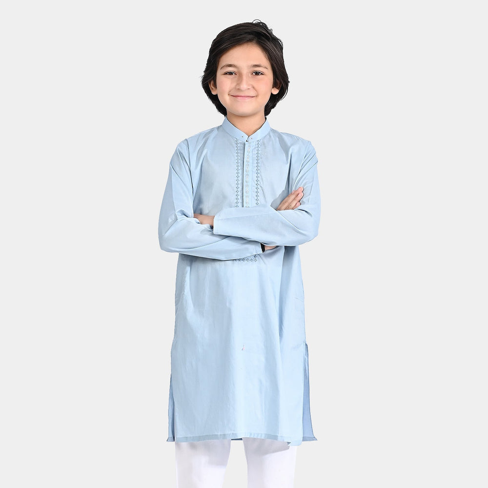 Boys Cotton Poplin Embroidered Kurta (Lurex)-Blue