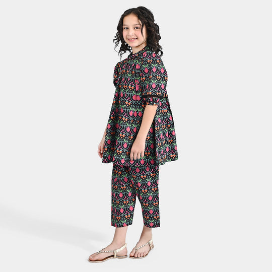 Girls Cotton Poplin Printed 2 Pcs Rangrez - BLACK