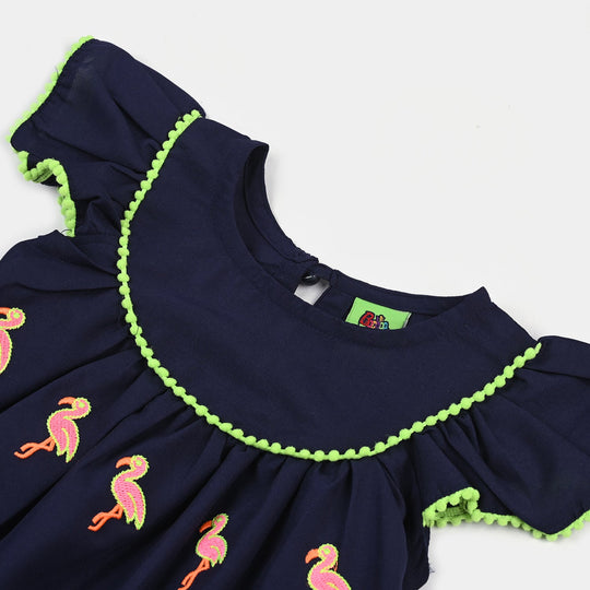 Infant Girls Poly Cambric Emb kurti Little Flamingos-Navy Blue