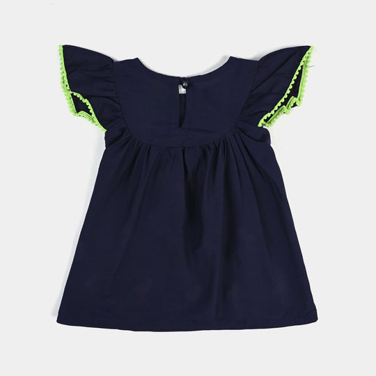 Infant Girls Poly Cambric Emb kurti Little Flamingos-Navy Blue