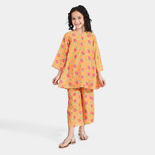 Girls Poly Cambric Printed 2Pc Gulab - Yellow