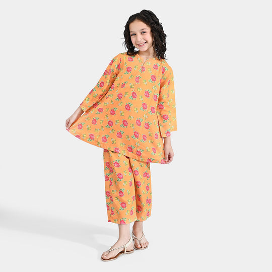 Girls Poly Cambric Printed 2Pc Gulab - Yellow