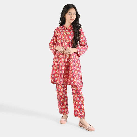 Girls Cotton Poplin Printed 2 Pcs Rangela - Pink