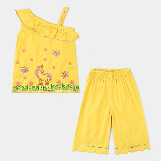 Infant Girls Cotton Poplin Emb 2 Pcs Suit -Yellow