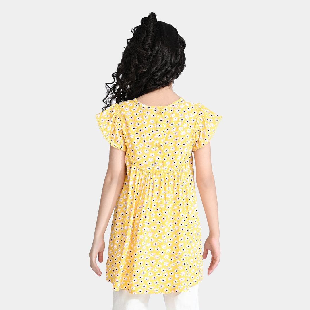 Girls Viscose Printed Frock-Yellow