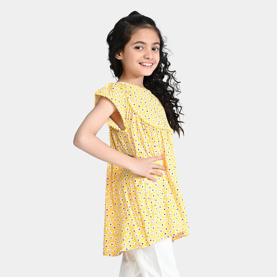 Girls Viscose Printed Frock-Yellow