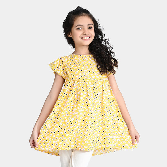 Girls Viscose Printed Frock-Yellow