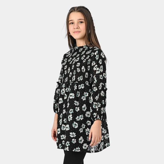 Girls Chiffon Smocking Frock-BLACK