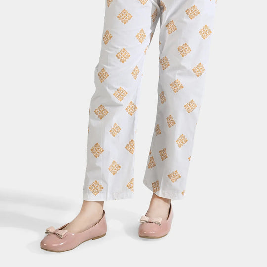 Girls Cotton Printed Pant - White