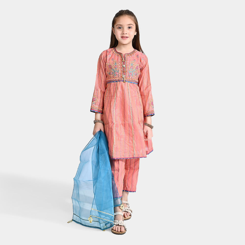 Girls Jacquard Fancy 3 Pcs Suit Roshni-Peach