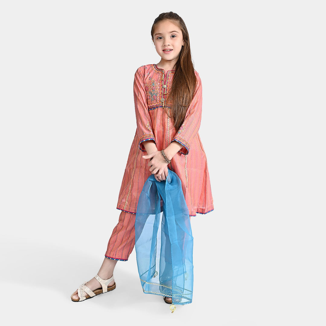 Girls Jacquard Fancy 3 Pcs Suit Roshni-Peach