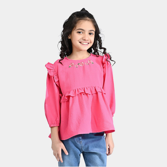 Girls Chiffon Emb Top Hibiscus-Pink