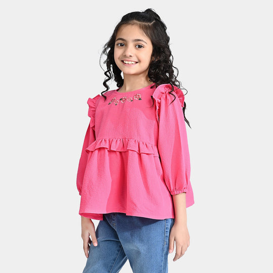 Girls Chiffon Emb Top Hibiscus-Pink