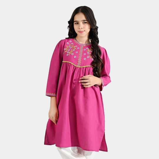 Girls Cotton Slub EMB Long Kurti Gul Rang-Pink