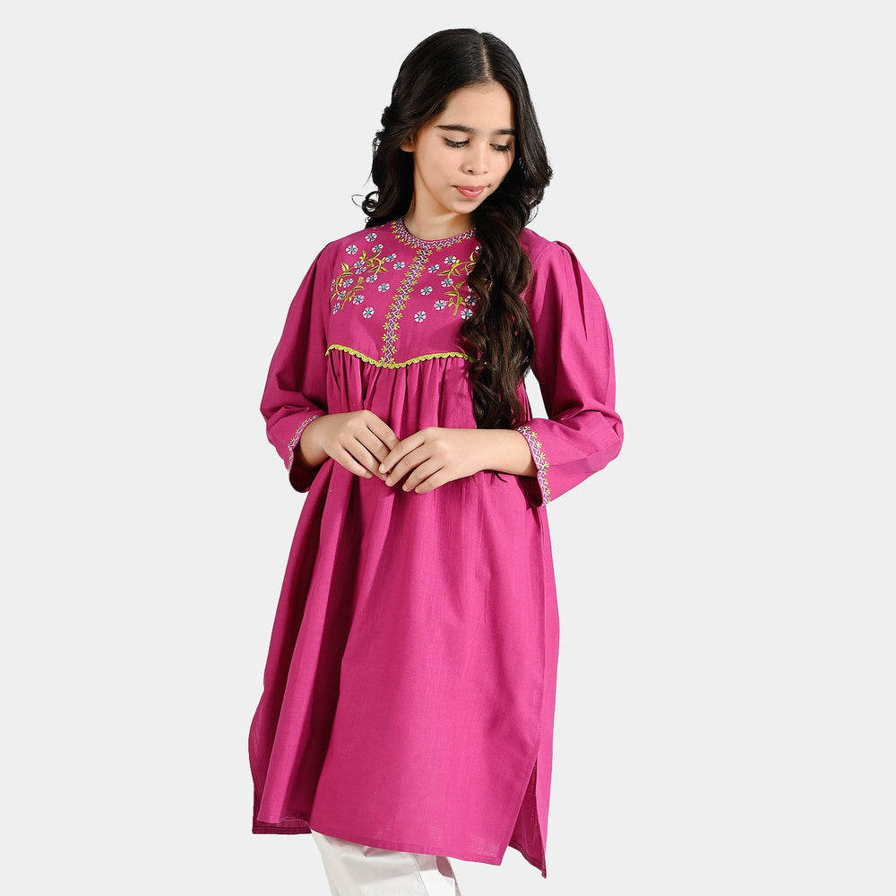 Girls Cotton Slub EMB Long Kurti Gul Rang-Pink