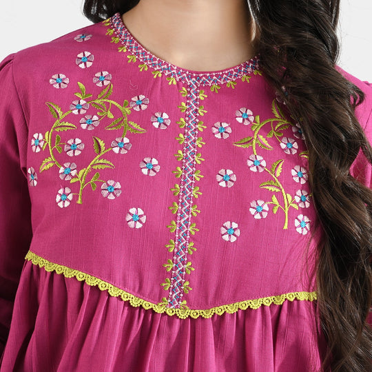 Girls Cotton Slub EMB Long Kurti Gul Rang-Pink