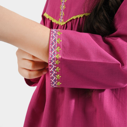 Girls Cotton Slub EMB Long Kurti Gul Rang-Pink