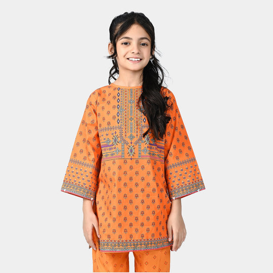 Girls Cotton Poplin Printed Kurti Naranji Phol-ORANGE