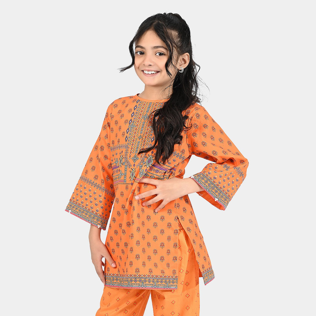 Girls Cotton Poplin Printed Kurti Naranji Phol-ORANGE