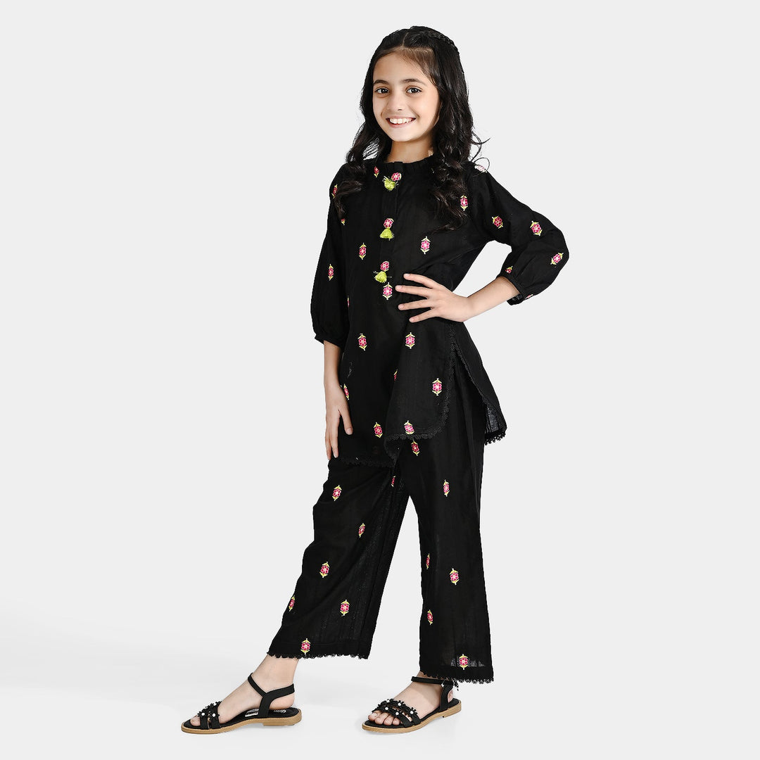 Girls Cotton Emb 2Pcs Floral-BLACK