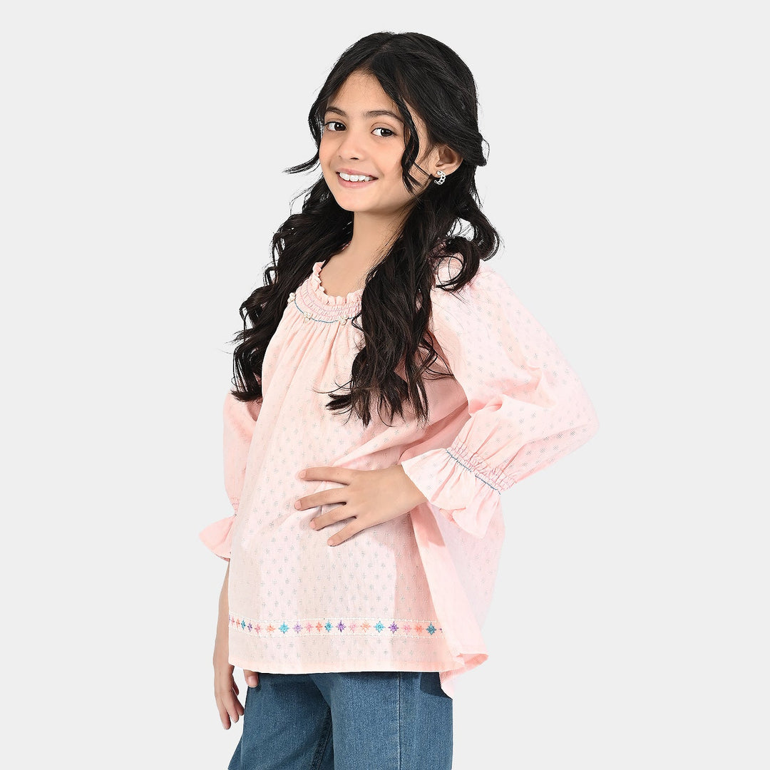 Girls Poly Cotton Emb Top Smoke - Pink