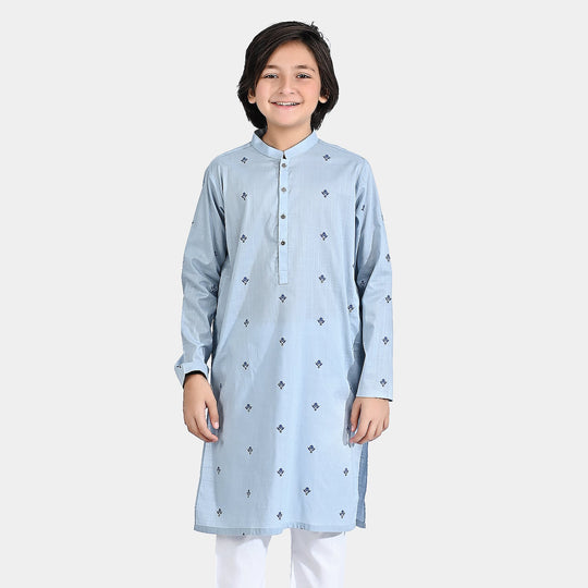 Boys Cotton Slub Printed Kurta (Chin Botti)-Blue