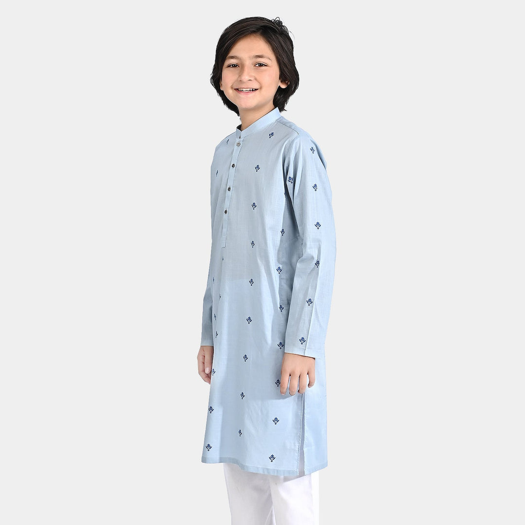 Boys Cotton Slub Printed Kurta (Chin Botti)-Blue