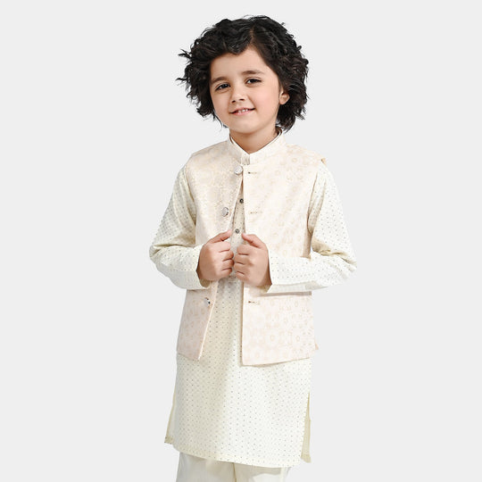 Boys Poly Viscose Waistcoat (Self Pattern)-Off White