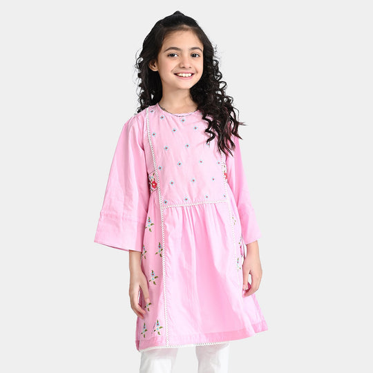 Girls Cotton Poplin Emb kurti Hope-Pink