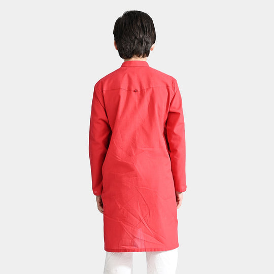 Boys Cotton Basic Kurta (Cut Style)-Red