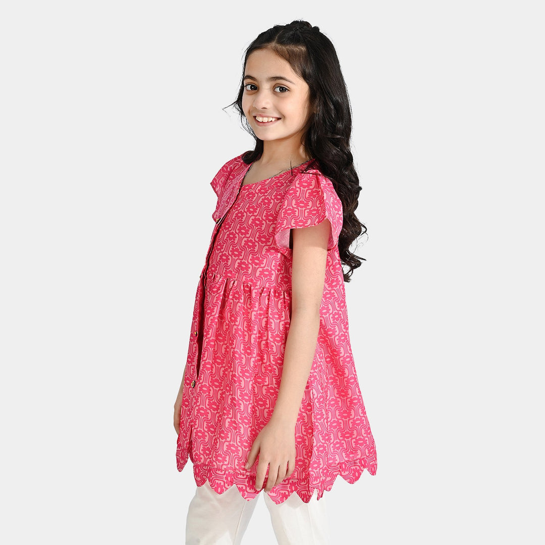 Girls Poly Cambric Casual Frock Groovy Floral-Pink